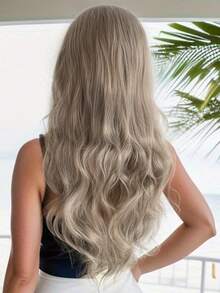 1頂灰色合成假髮,身體波浪長捲髮,中分沒有劉海,非常適合日常、假期、派對、cosplay穿著 - 灰色 - 查看 5