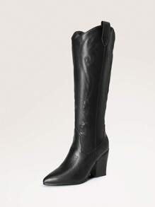 Cowboy Boots For Women, Comfortable Pull On Zipper Chunky Heel Pointed Toe Embroidered Western Cowgirl  Knee High Boots Christmas Fall - màu đen - Xem 6