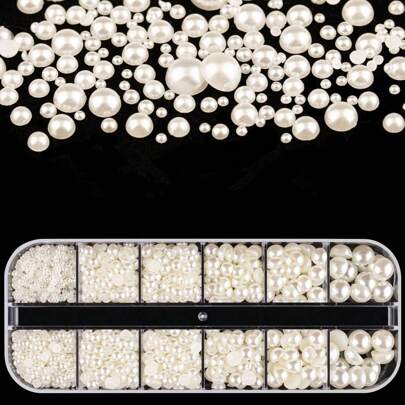 Half-Round Faux Pearl  Beads Assorted Size 1 Box 12 Grids, White/Ivory, Flat Back, Multi-Use -- Different Sizes Of Faux Pearl S Can Be Used On Nails, Body Or Face Decoration. And Also Can Be Used In Jewelry Craft, Such As Shoes, Earrings, Necklace, Hair Clips, Glass, Etc. With Your Own Design, You Can Create A Unique And Eye-Catching Look.