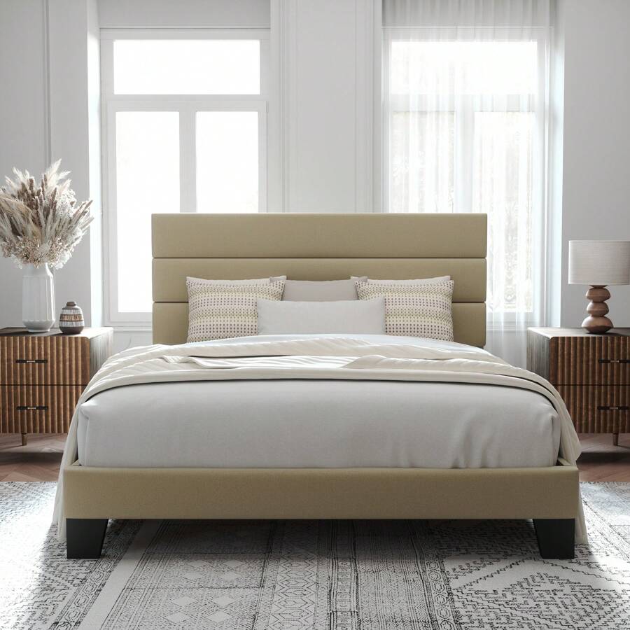 Allewie Twin/Full/Queen/King Size Platform Bed Frame With Fabric Upholstered Headboard And Wooden Slats Support, Fully Upholstered Mattress Foundation, No Box Spring Needed, Easy Assembly, Beige - 米色 - 查看 1