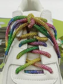 1pair 120cm Rainbow Round Rhinestone Shoelaces/cap Laces Fashionable Shiny Accessory - Multicolor - View 2