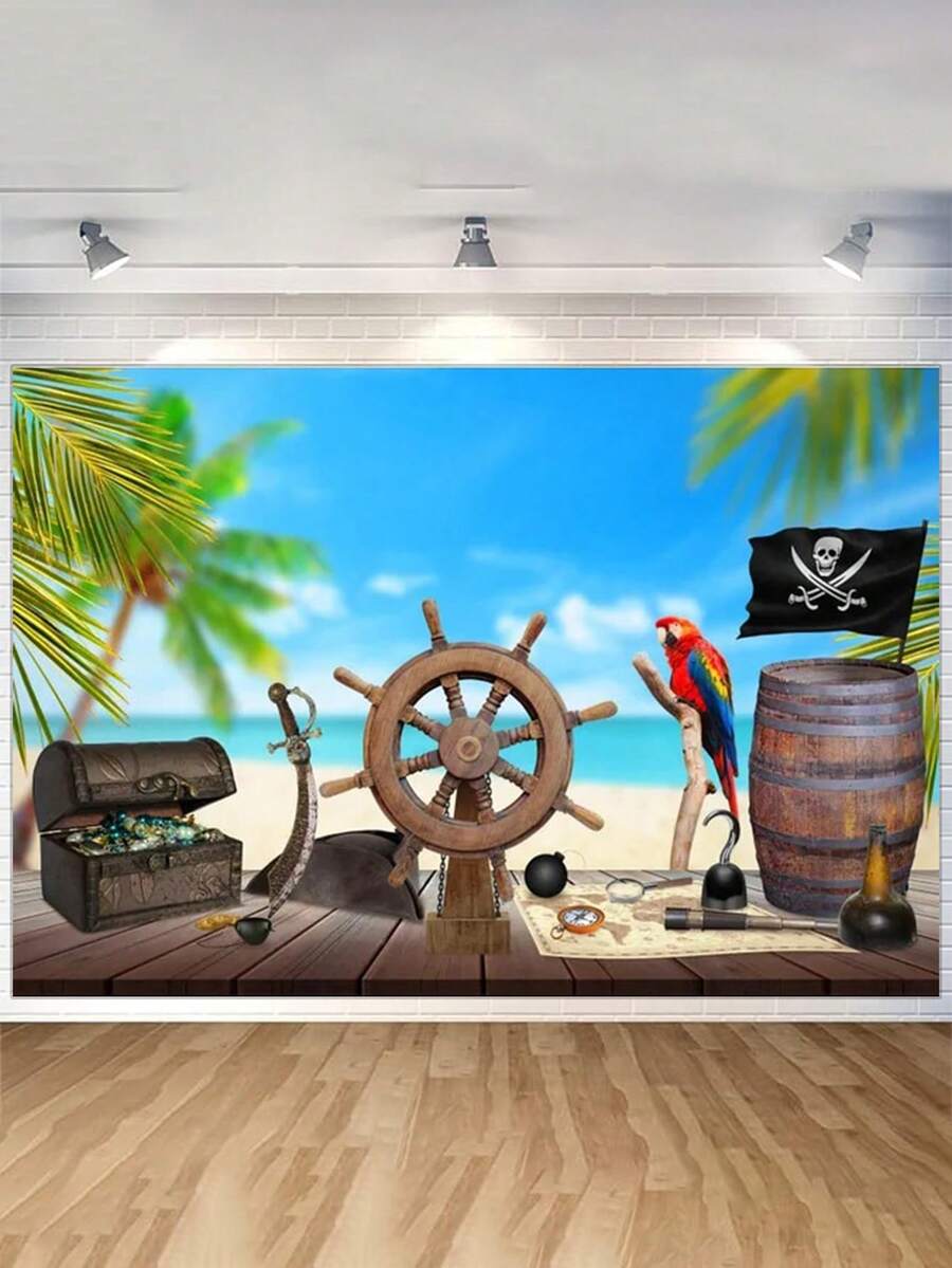1 Pieza Tela De Fondo De Fotografía De Fiesta Temática De Piratas De Cumpleaños - Multicolor - Ver 1