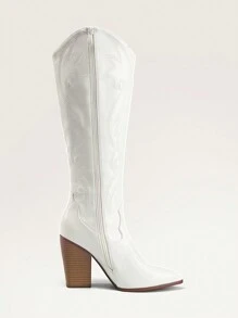 Cowboy Boots For Women, Comfortable Pull On Zipper Chunky Heel Pointed Toe Embroidered Western Cowgirl  Knee High Boots Christmas Fall - 白色 - 查看 7