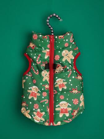 Nowy Jesień/Zima Wyściełany Gruby Europejski i Amerykański Styl Modny Bawełniany Płaszcz - Zielony Piernikowy Człowiek i Dzwonek Wzór Świąteczny Dla Psów Domowych