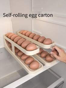 1pc Double-layer Automatic Egg Roller Slide Design Refrigerator Side Door Storage Box For Kitchen, Prevent Egg From Cracking - Beige - View 8