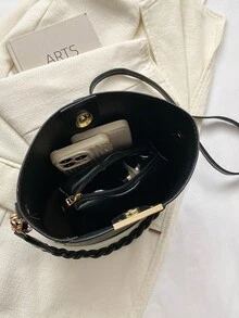 多功能實色女士手提包,2入組肩背斜挎桶包配錢包,休閒手提大容量旅行斜背包,時尚日常上下班手提斜挎包,輕便家用臂包節慶禮物 - 黑色 - 查看 8