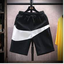 Men's Drawstring Waist Printed Sports Elastic Shorts - Black and White - View 5