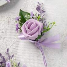 6pcs Artificial Rose Boutonniere, Groomsmen Lapel Pins For Graduation Ceremony, Party, Wedding - Mauve Purple - View 3