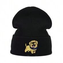 1 件裝女式針織帽可愛奇努克狗刺繡無簷小便帽冬季帽子針織帽女式配件 - 黑色 - 查看 1