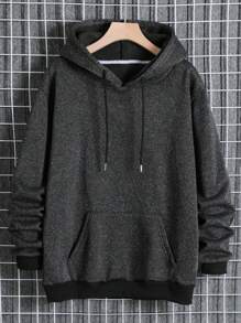 Men Solid Drawstring Hoodie With Kangaroo Pocket By HoODIE - Dark Grey - View 1