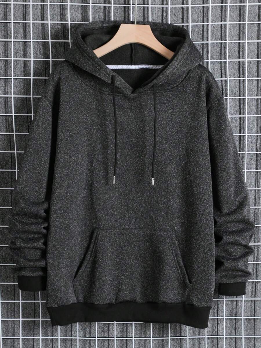 Men Solid Drawstring Hoodie With Kangaroo Pocket By HoODIE - Dark Grey - View 1