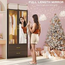 Lvifur 63" Armoire Wardrobe Closet With Auto Sensor LED,3-Color Dimmable LED Armoire With Full Length Mirror,Armoire Storage Cabinet With Acrylic Door,4-Tier Adjustable Shelf,2 Drawers
