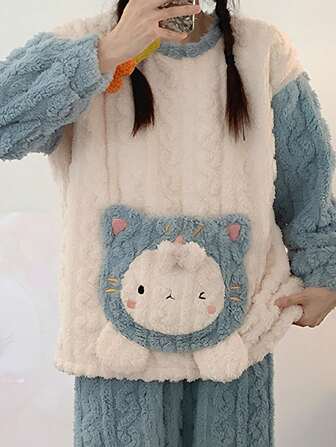 Blue Coral Velvet Thickened Home Wear Set For Winter, With Cartoon Cat Design And Pockets Outfit, Fall Winter Cozy Clothes, Fluffy Pajama