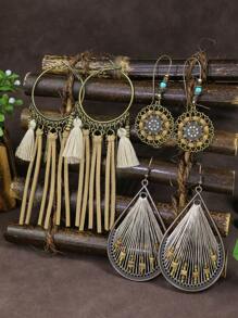 HANQI 3pairs/Set Bohemian & Vintage Style Geometric Shape Alloy Handmade Weaving Tassel Earrings Combination For Women, Suitable For Daily Life, Work, Street Shooting And Photography To Show Unique Elegant - Multicolor - View 13