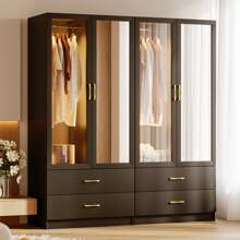 Lvifur 63" Armoire Wardrobe Closet With Auto Sensor LED,3-Color Dimmable LED Armoire With Full Length Mirror,Armoire Storage Cabinet With Acrylic Door,4-Tier Adjustable Shelf,2 Drawers