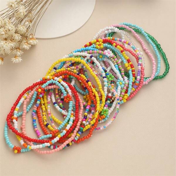 10pcs Bohemian Style Multicolor Rice Bead Chain Anklet And Bracelet Set
