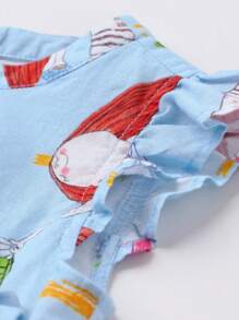 Annil Young Girl Dress Summer Cartoon Print Bow Decorated Round Neck Short Sleeve Dresses Blue