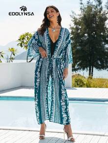 Japanese Style Long Kimono With Belt Lounge Wear Dress - Cadet Blue - View 8