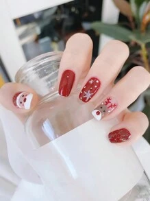 24pcs Christmas Press On Nails Short Oval Fake Nails Red French Tip Acrylic Nails Cute Elk Snowflake Full Cover Santa Hat False Nails Set ,Contain 1pc Jelly Glue And 1pc Nail File, Winter Xmas Nail Art Decorations For Women Girls - Multicolor - View 2