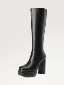 Women's Platform Heeled Knee High Boots, Long Chunky Tall Gogo Boots For Fall - màu đen - Xem 5