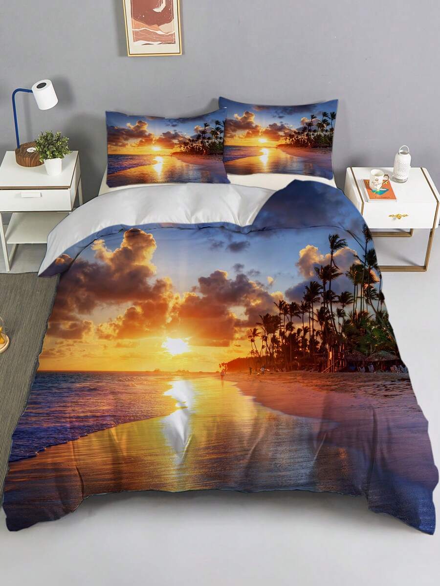 3pcs Beach Scenes Print Polyester Bedding Set, Soft Comfortable Comforter Cover, For Bedroom, Guest Room (1*Comforter Cover + 2*Pillowcase, Without Core) - Multicolor - View 1