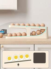 1pc Double-layer Automatic Egg Roller Slide Design Refrigerator Side Door Storage Box For Kitchen, Prevent Egg From Cracking - Beige - View 5