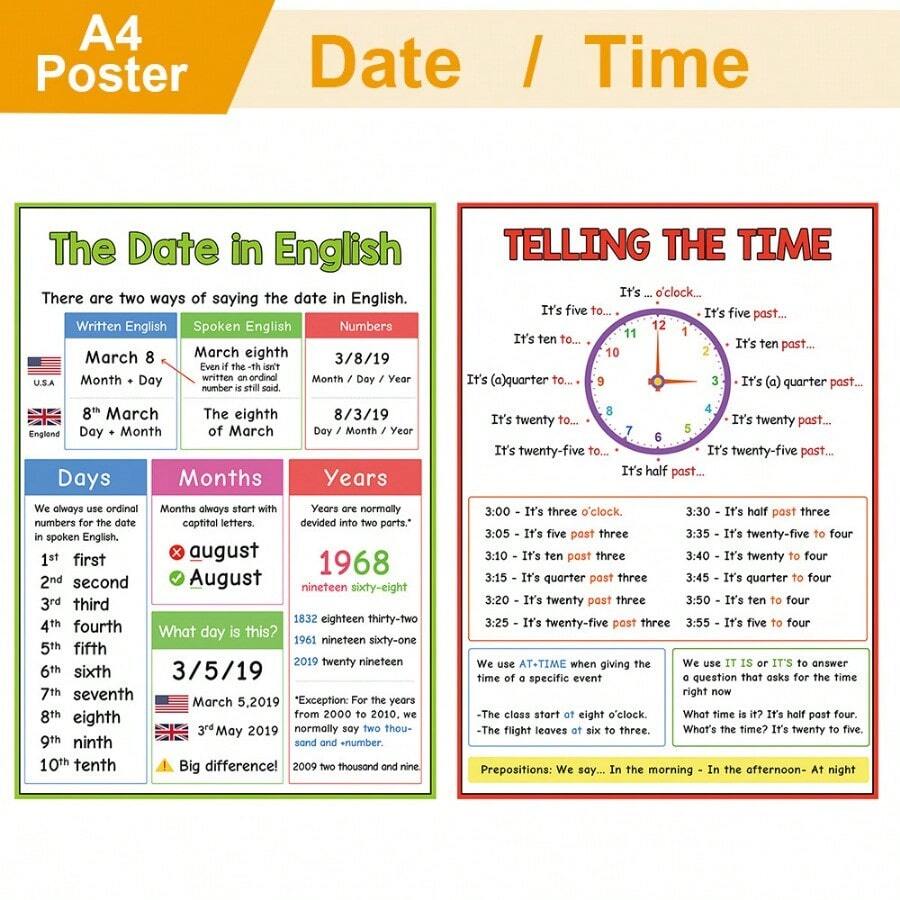 2 Pcs A4 Posters Telling The Time The Date English Learning Educational ...