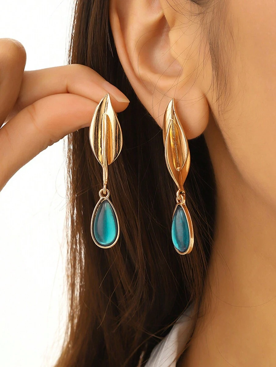 1對時尚復古合金創意葉形耳環,具西式流蘇吊墜,適合女性日常穿搭 - 藍色 - 查看 1