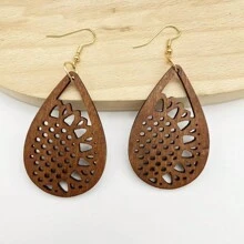 1 女式木製向日葵設計鏤空吊式耳環 - 棕色 - 查看 1