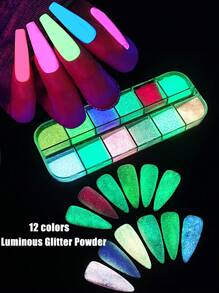 12色霓虹螢光,糖果色發光指甲diy亮麗美甲螢光夜光指甲藝術閃粉螢光色素發光效果夜光指甲彩飾藝術裝飾 - 彩色 - 查看 6