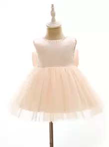 Baby Girl Summer Champagne Tulle Splicing Dress With Large Bow Knot - Champagne - View 7