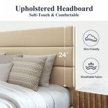 Allewie Twin/Full/Queen/King Size Platform Bed Frame With Fabric Upholstered Headboard And Wooden Slats Support, Fully Upholstered Mattress Foundation, No Box Spring Needed, Easy Assembly, Beige - 米色 - 查看 3