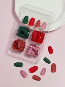 VV MEI JIA ER 96片(深綠色/紅色/洋紅色/紫色)4段漸層開心新年顏色啞光拼貼趾芭蕾設計自然貼合中等長度假指甲設定與禮品收納盒送給女性和女孩,另送1張膠帶和1個美甲文件 - 紅色 - 查看 2
