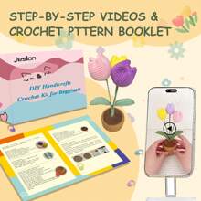 Jeslon 初學者diy編織套件,浪漫編織郁金香花盆,簡易學習套裝,適合節日贈禮、家居裝飾、紓壓娛樂,配有英文逐步教學影片教程、英文說明書、紗線、鉤針、鐵絲、縫針和其他配件 - 郁金香花盆 - 彩色 - 查看 3