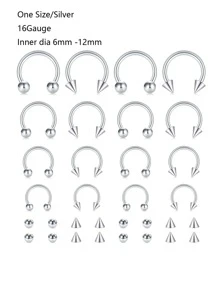 CIZME 16入組/套16G不銹鋼銀U型鼻子隔膜圓環箍帶替代品球適用於女性唇部,打耳洞,內徑6mm/8mm/10mm/12mm - 銀色 - 查看 5