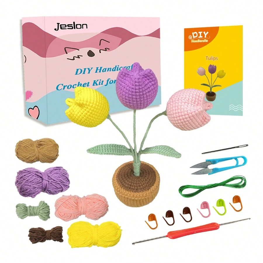 Jeslon 初學者diy編織套件,浪漫編織郁金香花盆,簡易學習套裝,適合節日贈禮、家居裝飾、紓壓娛樂,配有英文逐步教學影片教程、英文說明書、紗線、鉤針、鐵絲、縫針和其他配件 - 郁金香花盆 - 彩色 - 查看 1