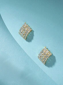 S925 Bạc nguyên chất Hoa tai Hình vuông Dát Zirconi Hoa tai Đối với Của phụ nữ Mặc hàng ngày - Vàng - Xem 3