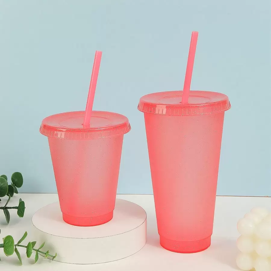 1 件/5 件/6 件/10 件，710 毫升/24 盎司，500 毫升/16 盎司可重复使用的塑料杯，带盖和吸管，可重复使用的咖啡杯，适用于冷热饮品，适合饮用水、牛奶 - 粉色 - 查看 1