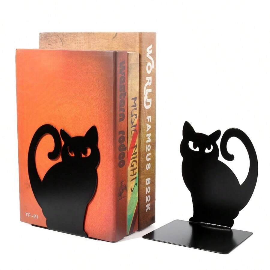 2PCS Cat Decorative Bookends, Metal Bookshelves, Non Skid Metal Bookend For Heavy Books, Book Divider Decorative Holder, Animal Design Book Stopper Supports For Office Home - cat shape - View 1