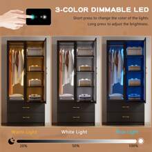 Lvifur 63" Armoire Wardrobe Closet With Auto Sensor LED,3-Color Dimmable LED Armoire With Full Length Mirror,Armoire Storage Cabinet With Acrylic Door,4-Tier Adjustable Shelf,2 Drawers
