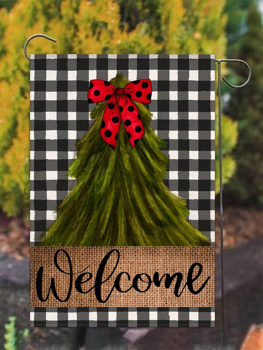 1入英文字母&黑白格紋&綠樹圖案亞麻室外花園旗幟家居裝飾 - 彩色 - 查看 1