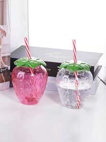 1個可愛的草莓設計塑料杯帶吸管,學生和兒童的隨身水瓶 - 無色 - 查看 1