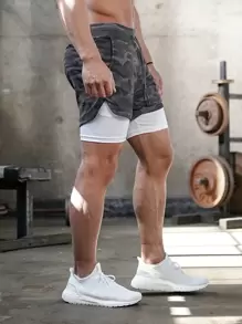 Pantalones Cortos Deportivos Transpirable Short Correr Gimnasio Casuales 2 en 1, Pantalones cortos deportivos Transpirable de camuflaje para hombre, de secado rápido, para entrenamiento, gimnasio, Fitness, Jogging - Blanco y Negro - Ver 3
