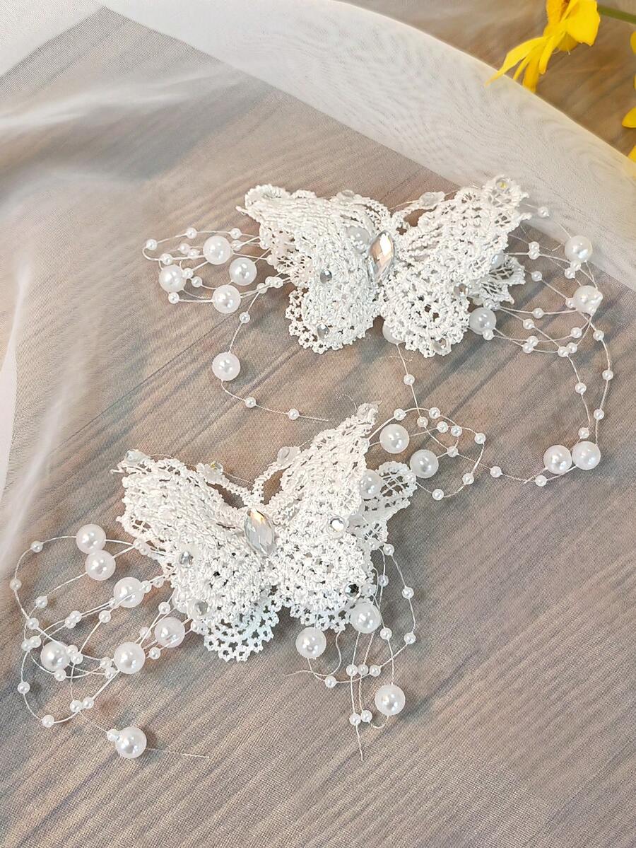 1 對新娘白蝴蝶髮夾婚禮髮飾