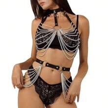 Yanxyad 女性和女孩子的朋克黑色腰鍊胸部皮革肚臍鍊身體珠寶飾品 - 黑色 - 查看 3