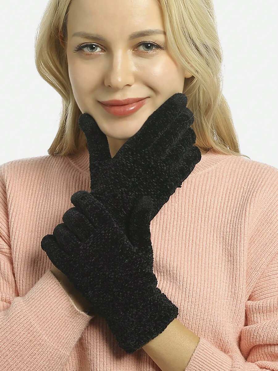 1 đôi Mùa Đông Ấm áp Màn hình cảm ứng Găng tay Đối với phụ nữ Chenille Ấm áp Đan Với Màn hình cảm ứng Ngón tay Đàn hồi Cổ tay áo Nhiệt Găng tay - màu đen - Xem 1