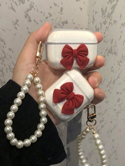 手机壳蝴蝶结 1 件 红色蝴蝶结和人造珍珠吊坠 Tpu 防震耳机套 兼容 Apple Airpods 兼容 Airpods1/2 AirPods Pro