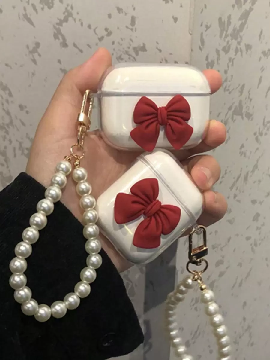手机壳蝴蝶结 1 件 红色蝴蝶结和人造珍珠吊坠 Tpu 防震耳机套 兼容 Apple Airpods 兼容 Airpods1/2 AirPods Pro