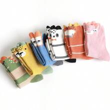 6雙(12只)組合襪,白色熊貓、粉紅狐狸、薑色小熊、藍色獅子、卡其綠條紋恐龍、磚紅小牛新春秋季動物耳朵扁襪,兒童卡通襪,男女寶寶可愛襪子 - 彩色 - 查看 4