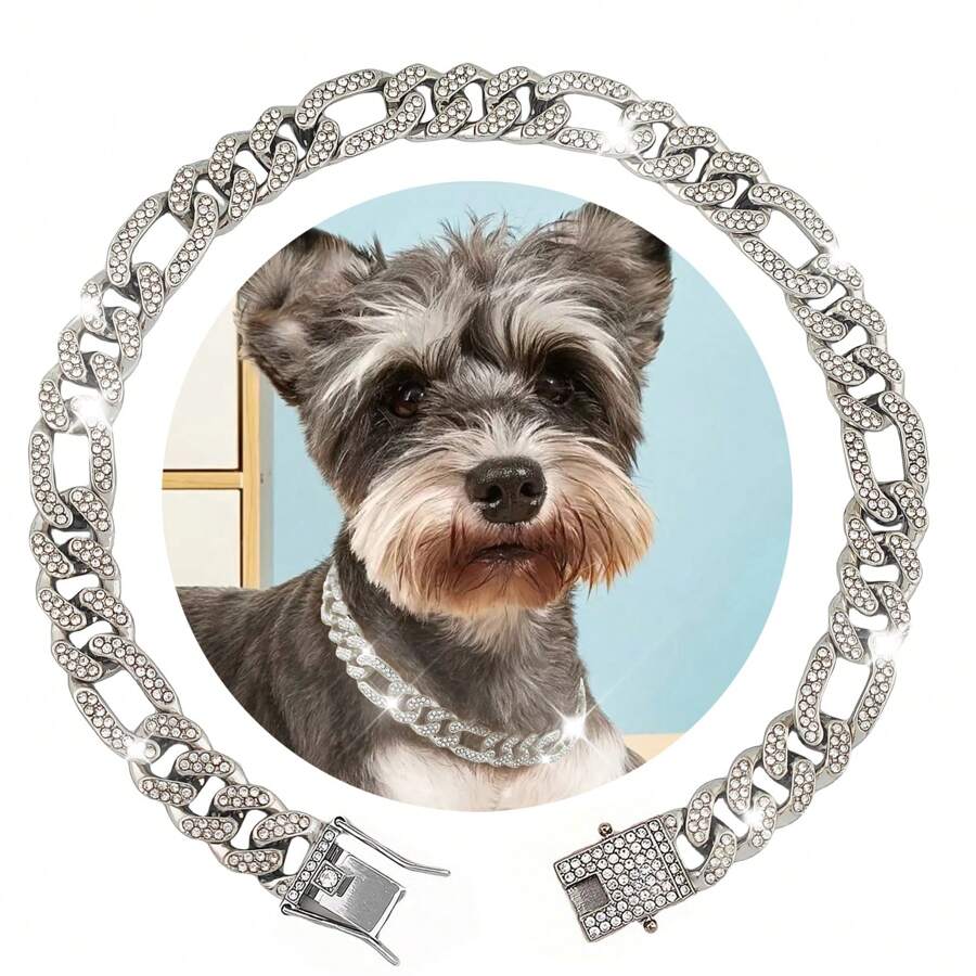 時尚鋅合金寵物項鍊 - 狗和貓項圈,全鑲水鑽,配大金鍊 - 銀色 - 查看 1